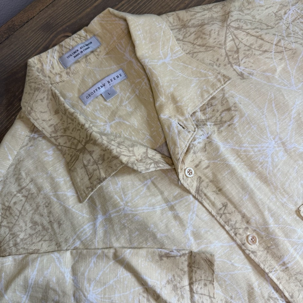 Geoffrey Beene Men's Large Yellow Linen Abstract Shirt Sleeve Button Up Shirt